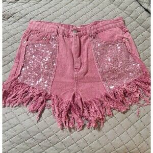 POL EUC Bling Fringe Sequin Denim Shorts Large Barbie Pink